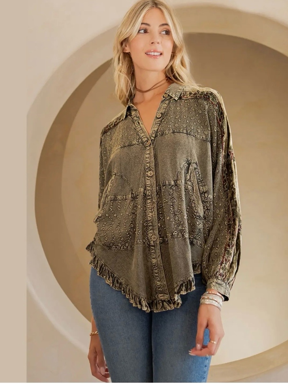 Young Threads Bohemian Elegance Stonewashed Rayon Blouse | Olive | Medium | NWT